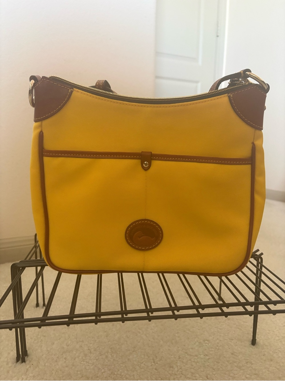 Dooney & Bourke Yellow Canvas Shoulder Bag with Brown Leather Trim